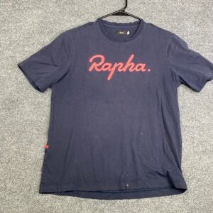 Rapha Logo T-Shirt Mens Small Navy Blue Pink Script Chain Stitch Cotton Cycling